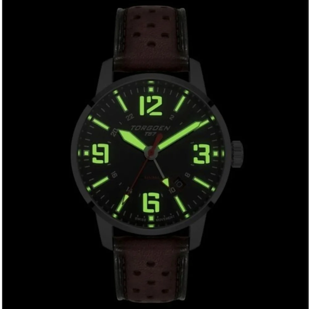 New Torgoen TN-1289 T57 Brown GMT Sapphire 41mm Leather Strap Watch
